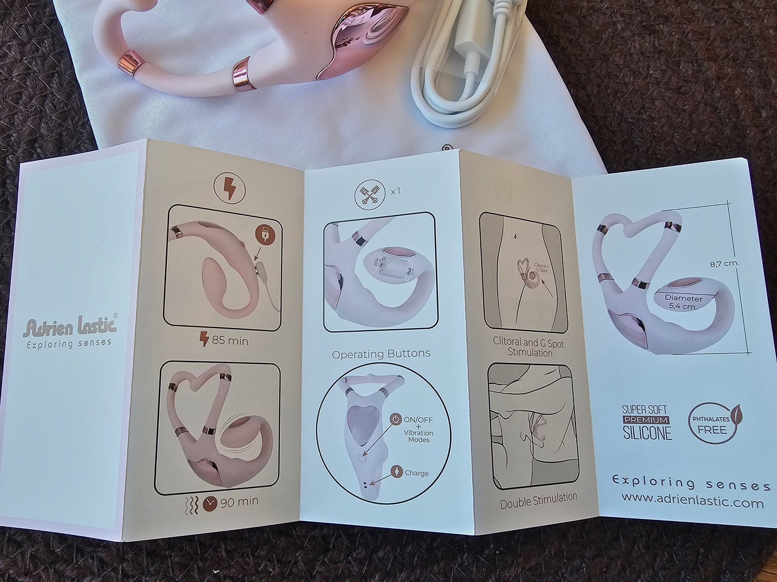 The fold-out manual showing placement, buttons and the 85-minute charge