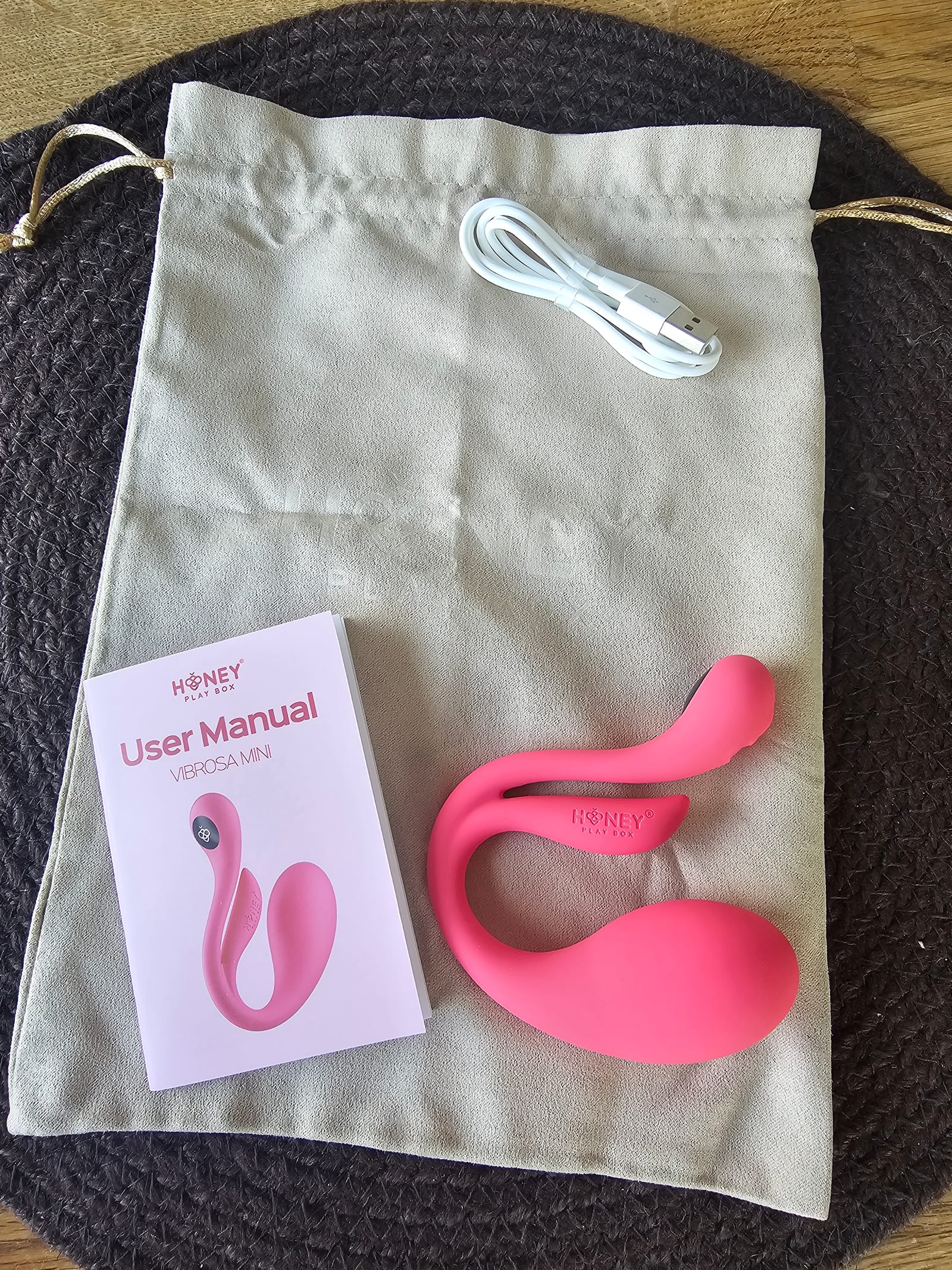 Toy, magnetic charging cable and manual laid out on the included storage pouch