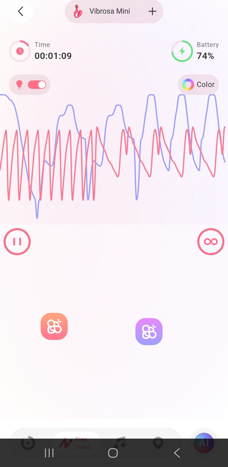 The app's free-draw screen: two live waveform lines, one per motor, following a dragged finger