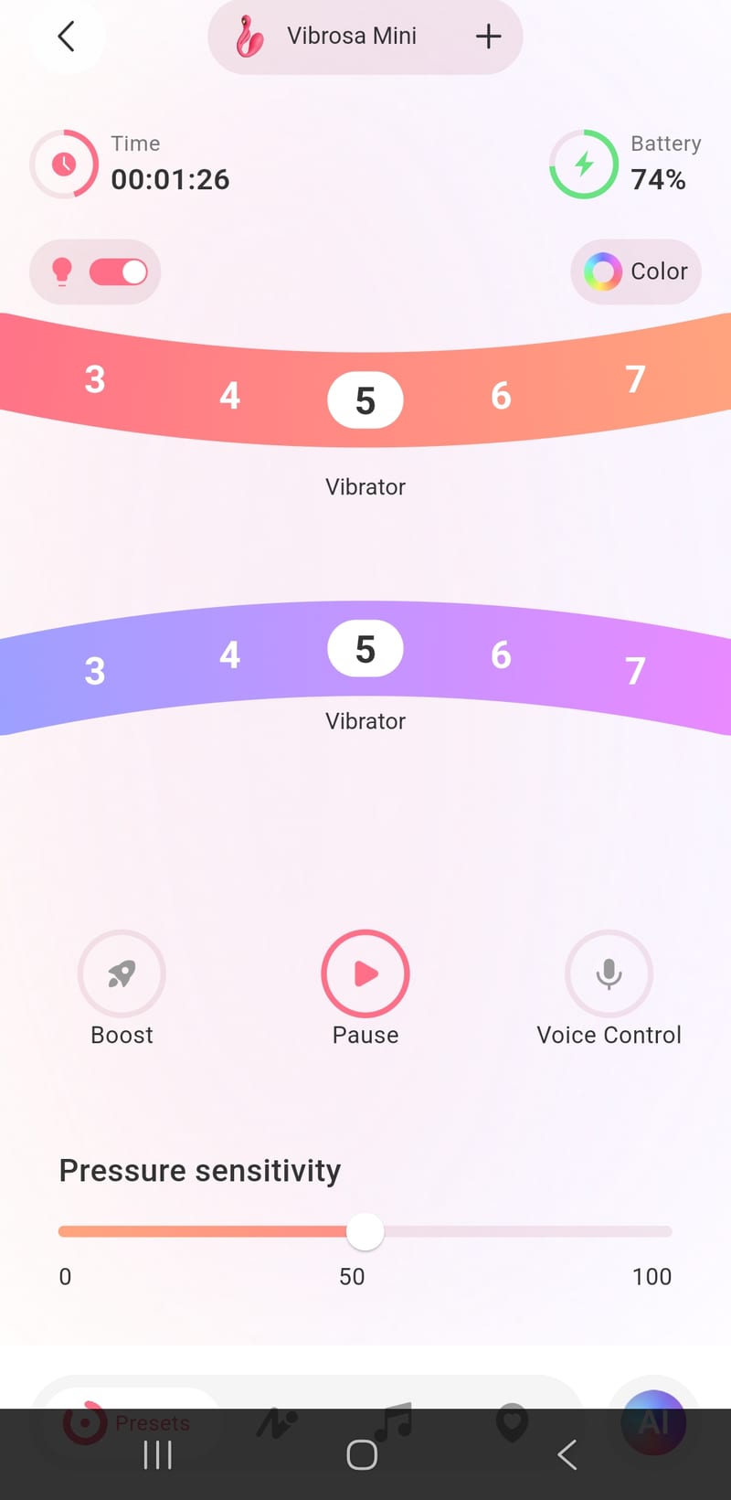 The app's control screen: independent dials for both motors and the pressure-sensitivity slider