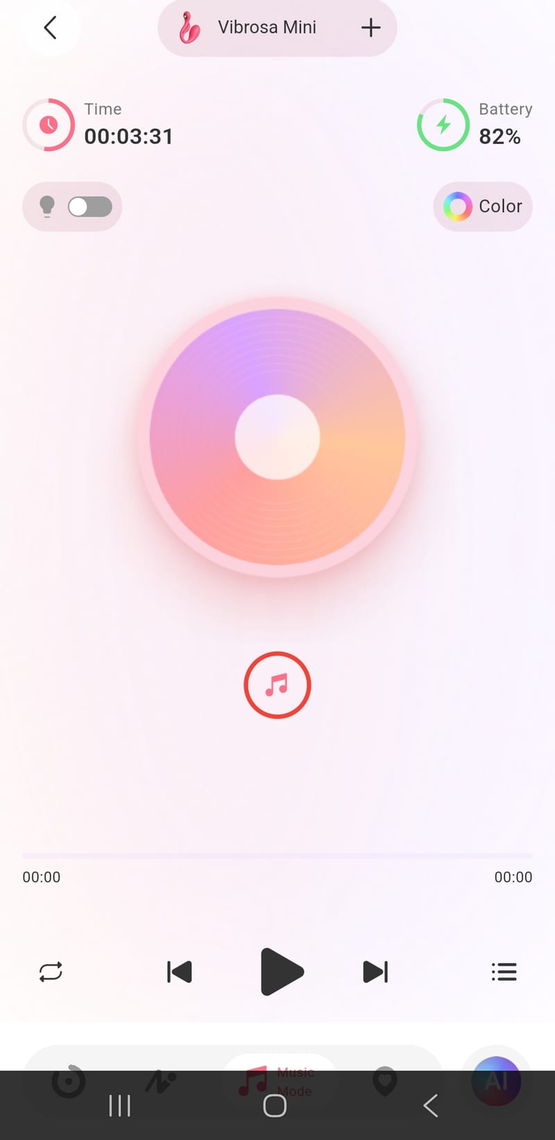 Music mode showing an empty player at 00:00; sync never functioned in our testing